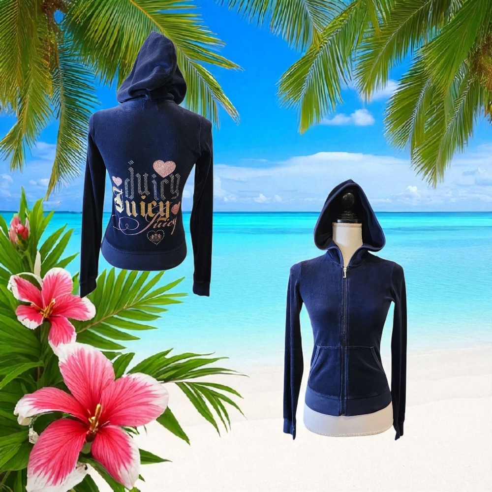 Vintage Juicy Couture Terry Hoodie Track Jacket Top Womens Size Small Navy Y2k
